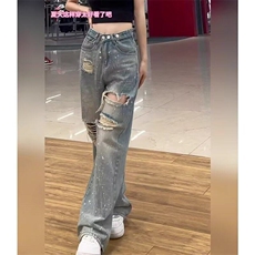 破洞阔腿牛仔裤新款大码胖妹妹梨型身材带钻烫钻显瘦直筒裤-网图，女装牛仔裤，星座302B-2