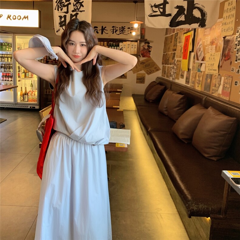 蓝色韩版气质百搭显瘦无袖上衣半身裙两件套装女学院风一整套,女装套装/套裙,2C166