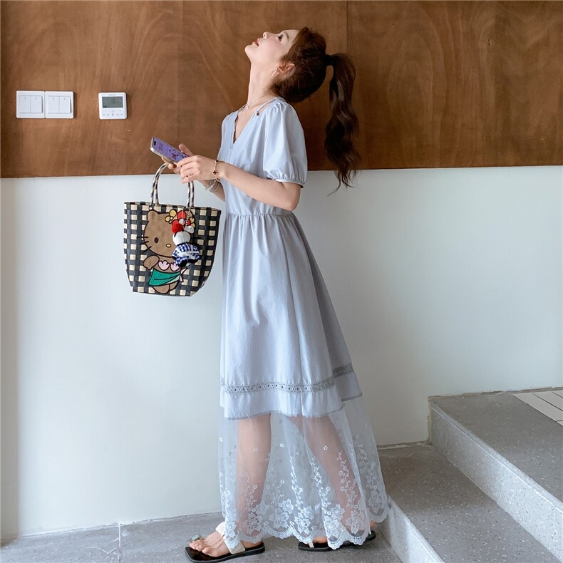 网纱拼接浅蓝色泡泡袖连衣裙你女夏2025新款超火绝美显瘦爆款长裙,女装连衣裙,2D045