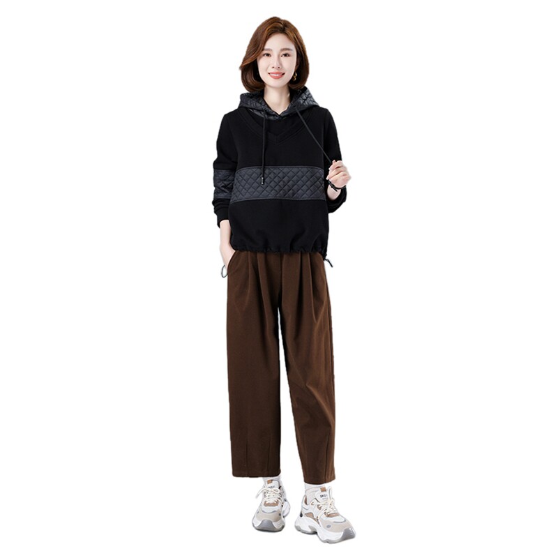 现货2023秋冬新款休闲时尚简约连帽拼接加绒卫衣套装两件套,女装套装/套裙,深水步