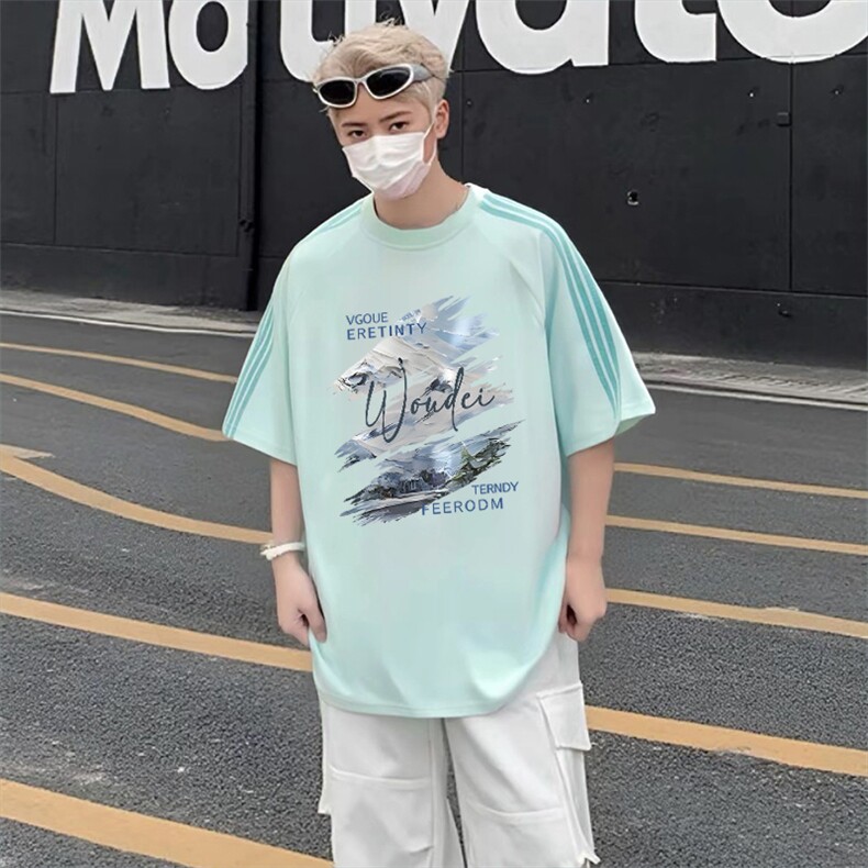 抖音得物品质二开240克宽松纯棉美式潮牌印花三条杠中性风短袖T恤,男装T恤,电商A486