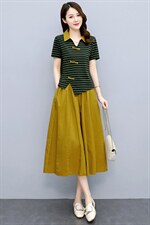 高端复古棉麻连衣裙女夏季2024新款休闲显瘦条纹亚麻套装裙两件套，女装套装/套裙，布芭啦