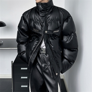 冬季小众解短款PU皮加厚保暖棉服外套金属绑带设计感面包服棉衣男图片