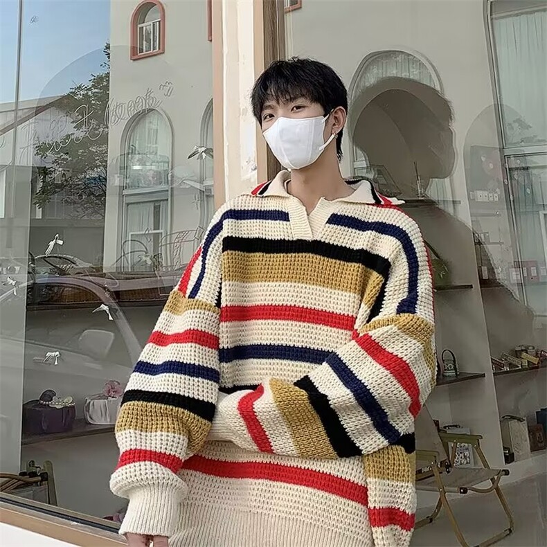 秋冬季慵懒风彩色条纹毛衣男宽松针织衫装线衣外套 M6525图片