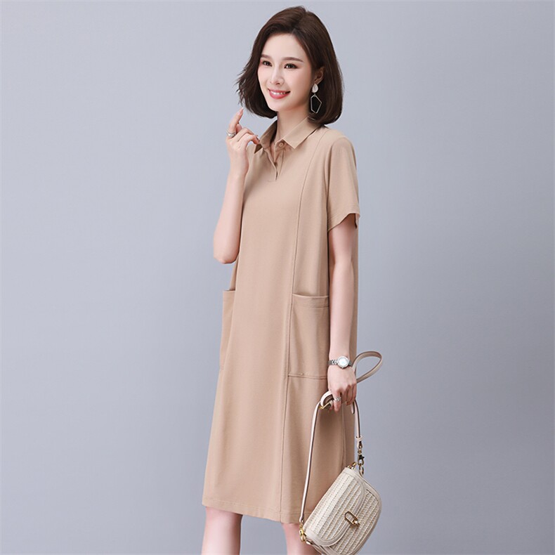 休闲直筒polo连衣裙2025新款中年妈妈气质翻领短袖裙子女夏中长款,女装连衣裙,涵誉