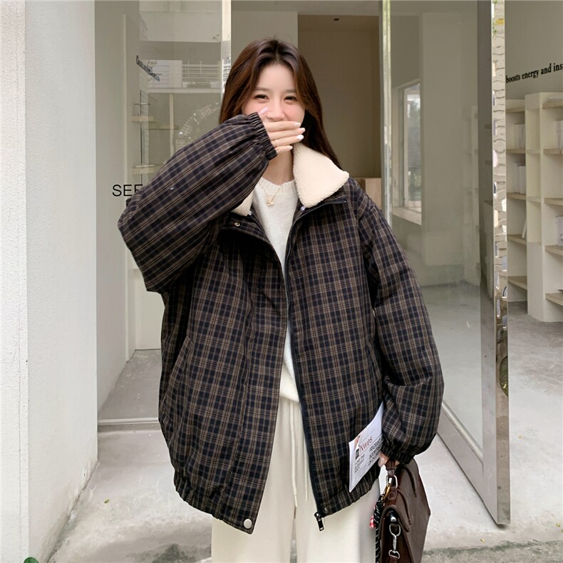 复古格子羊羔毛翻领羽绒服女2025冬季短款加厚面包服宽松保暖外套,女装羽绒服,艾米莉亚