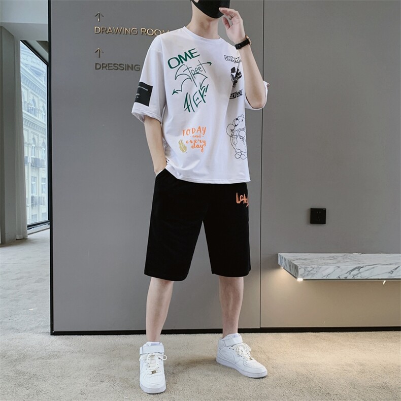 夏季潮流时尚T恤男装青少年宽松休闲圆领套装两件套F307P58，男装休闲套装，电商A086