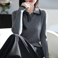 拼色POLO领100%纯羊毛衫女坑条长袖针织衫毛衣宽松羊绒衫打底上衣，女装羊毛衫，朝思羊绒