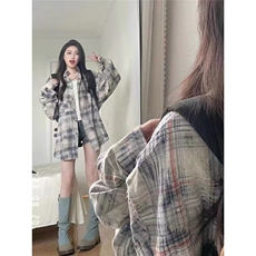 格子衬衫女款春秋设计感高级中长款遮女士衬衣2025新款外套潮，男装衬衫，星座506A