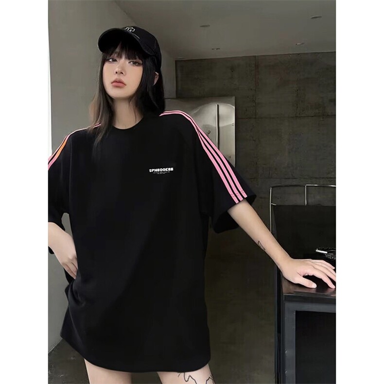 抖音得物品质二开240克宽松纯棉美式潮牌印花三条杠中性风短袖T恤,男装T恤,电商A486