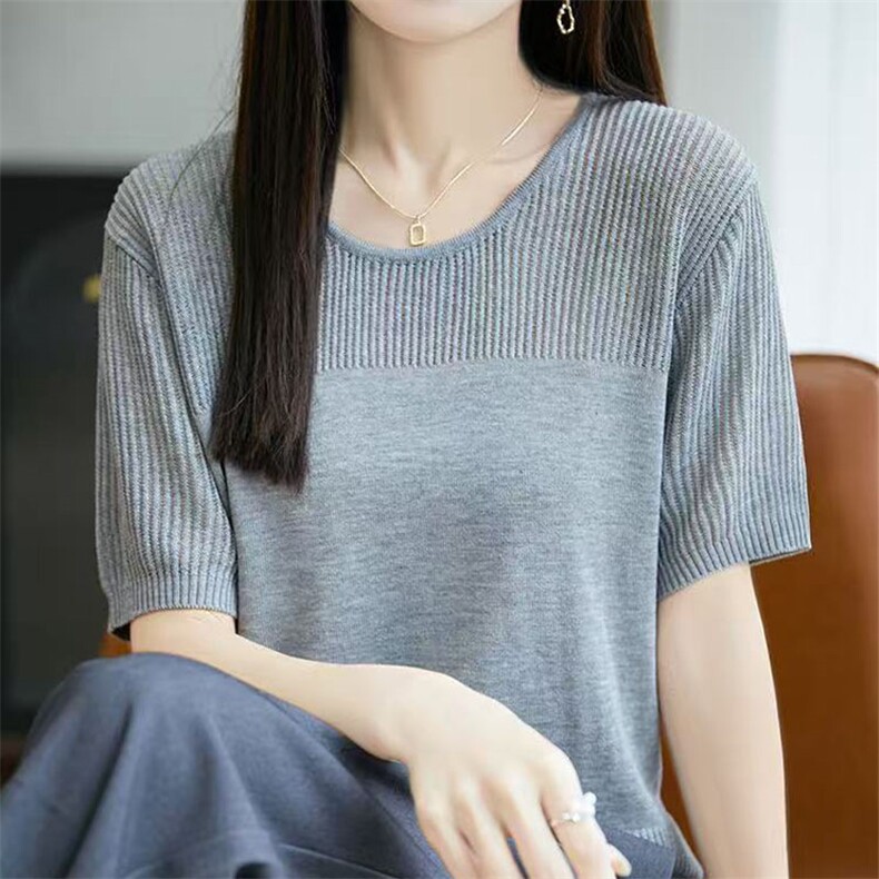 2025夏季镂空抽条短袖t恤女新款打底衫洋气大码女装冰丝针织上衣,女装T恤,萱芳婷羊绒
