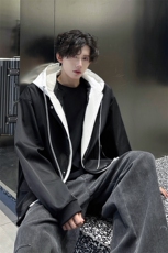 现货2025春季新款假两件连帽夹克外套美式潮男休闲上衣夹克P75，男装夹克，电商B319