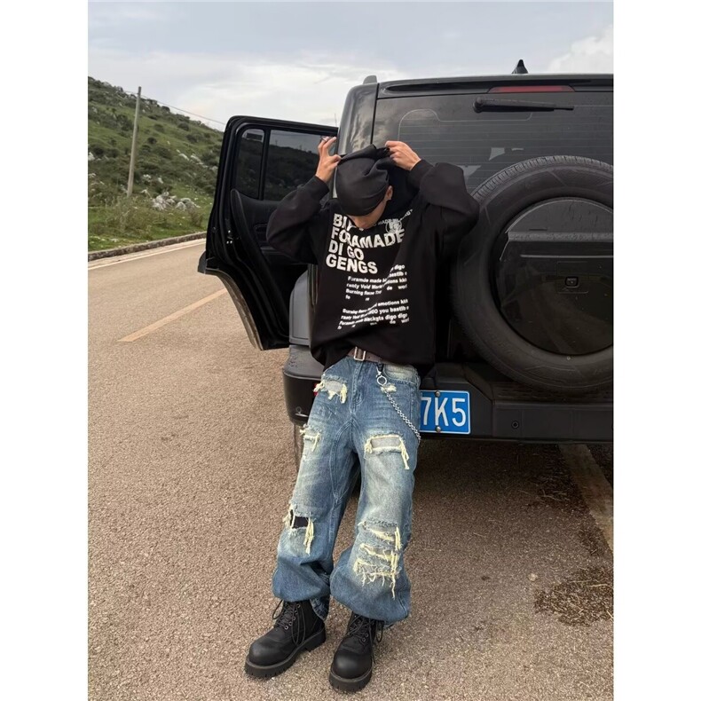 痞帅大破洞补丁牛仔裤男潮牌高街乞丐裤1001-1-B226-P62，男装牛仔裤，星座1001-1