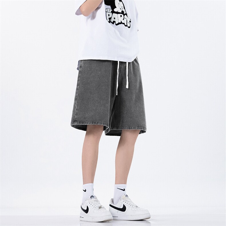 牛仔短裤男士美式百搭宽松直筒五分裤青年抽绳舒适纯色简约中裤子,男装牛仔裤,星座302A-2
