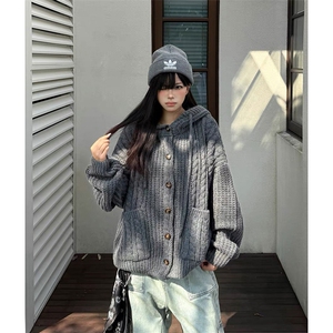 A2319TP75-网图秋冬新款美式复古麻花针织毛衣男女同款开衫外套图片