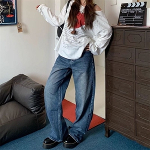 通勤潮流韩版星星字母时尚刺绣牛仔裤女春秋季新款宽松拖地牛仔裤图片