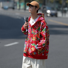A203秋冬加绒加厚保暖连帽开衫卫衣东北大花风民族特色大码潮，男装民族服装，星座115A(原星座507）