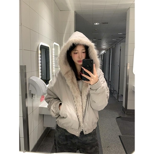 现货高品质美式高街冬季重磅硬挺短款座山雕毛领棉衣男女加厚外套图片