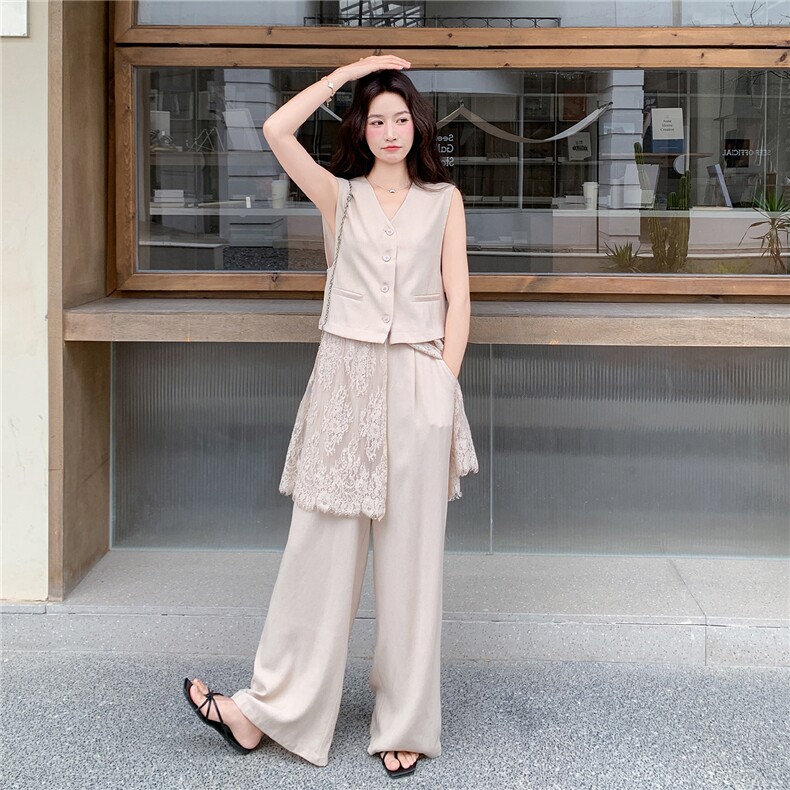 轻熟风气质套装女2026夏季拼蕾丝西装马甲显瘦阔腿裤两件套，女装套装/套裙，流量+