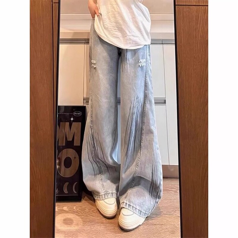 美式高街破洞牛仔裤男款夏季宽松阔腿微喇工装裤cleanfit直筒长裤，男装牛仔裤，星座601-1