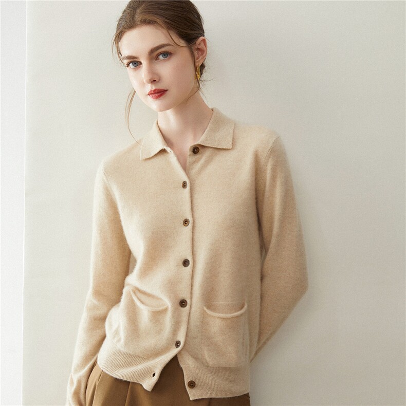 时尚简约POLO领100%山羊绒开衫带兜女宽松显瘦针织毛衣外套百搭，女装羊绒衫，米乐羊绒