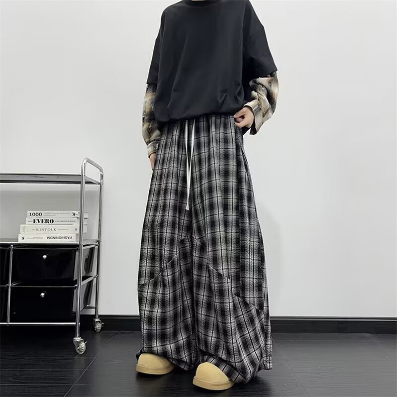 秋季新款2025慵懒风格子裤男女双腰头拼接宽松阔腿裤-A2225TP45,男装休闲裤,电商B241