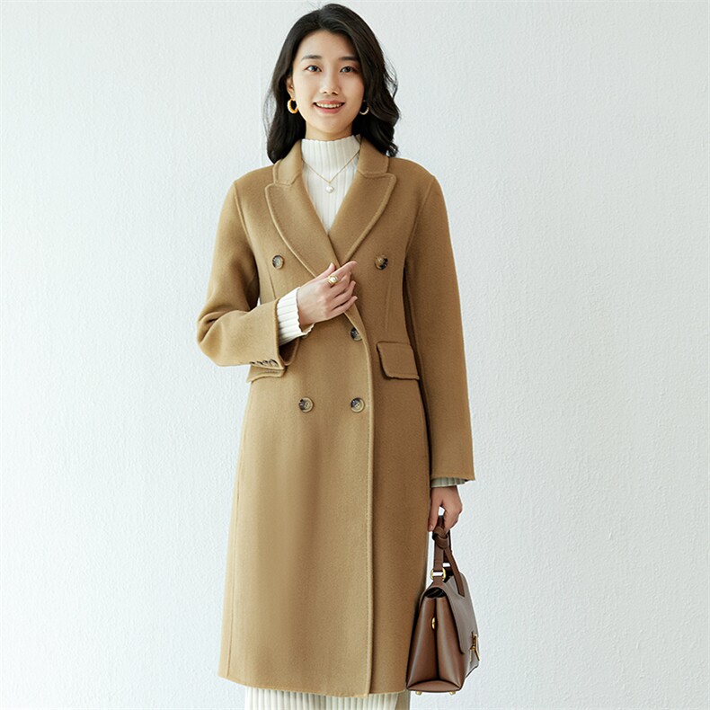 长袖西装领纯色2024年冬季双排扣时尚羊毛外套，女装毛呢外套，高哲羊绒