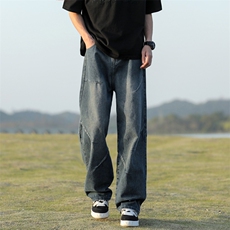 美式男阔腿裤复古男直筒宽松蓝色牛仔裤裤子长裤百搭大码春秋显瘦，男装牛仔裤，星座718-1