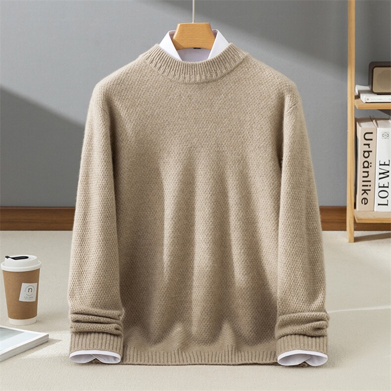时尚半高领羊绒衫男青年潮流气质毛衣冬季保暖加厚针织衫外套，男装羊绒套衫，牧群羊绒