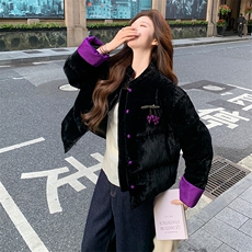 现货！（90新标带检）丝绒料新中式短款立领加厚保暖气质羽绒服女，女装羽绒服，水衣源
