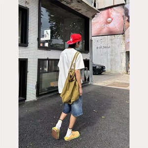 W9732-P50 网图现货 复古汉堡薯条毛巾绣牛仔短裤直筒阔腿五分裤图片