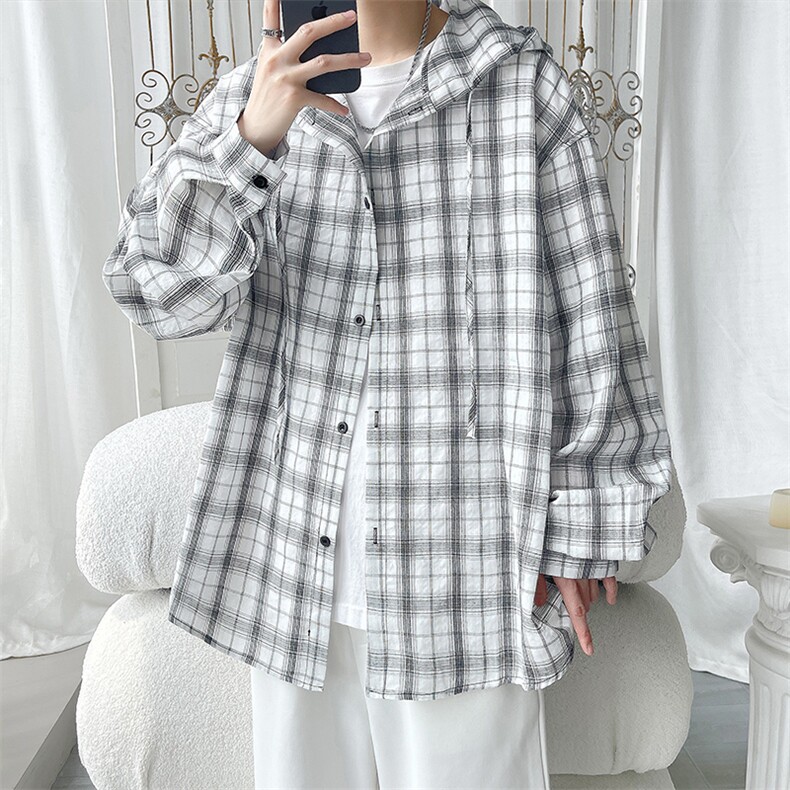 连帽格子长袖衬衫男女宽松衬衣防晒外套美式复古C2238-特价P33，男装防晒衣，电商A007