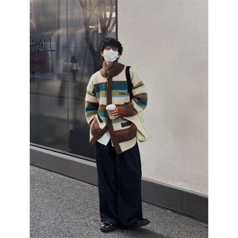 25M808-P78现货秋冬男女撞色条纹开衫毛衣秋冬保暖针织衫外套,男装针织衫/毛衣,电商B327