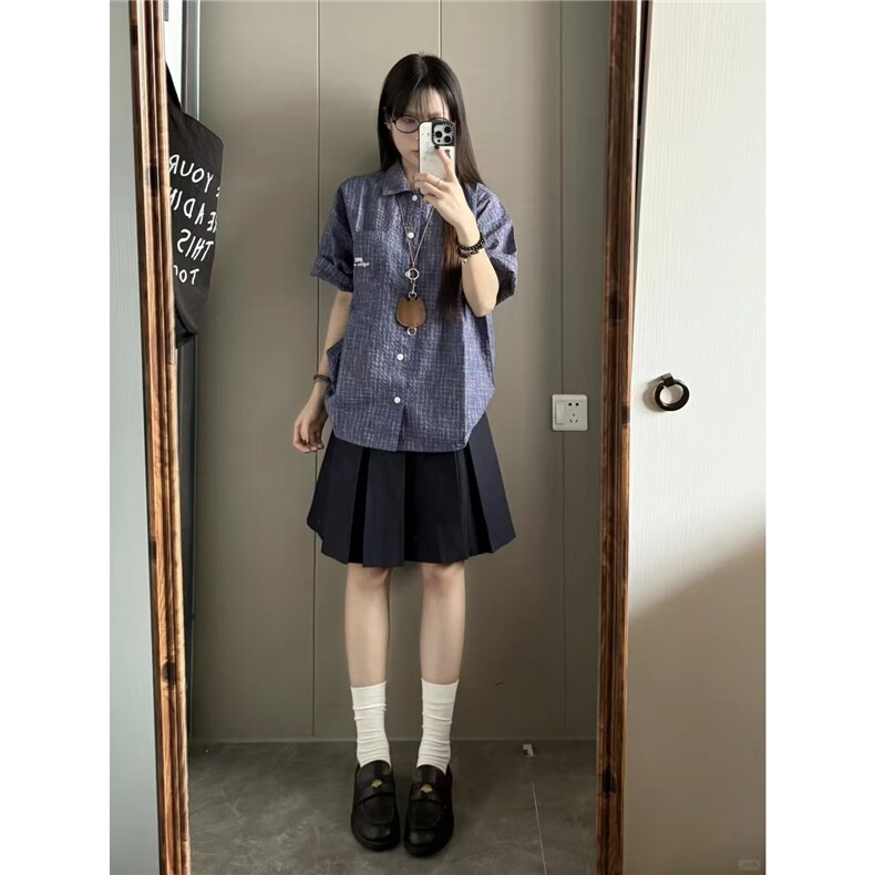 紫蓝色织格子泡泡纱短袖衬衫夏季潮牌宽松防晒衫ins美式格纹衬衣,男装防晒衣,星座506A