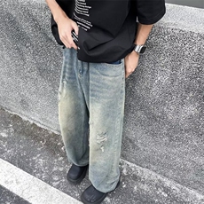 牛仔裤男夏季复古破洞直筒裤子水洗宽松阔腿休闲长裤N7277，男装牛仔裤，星座1116A-1（原606A）