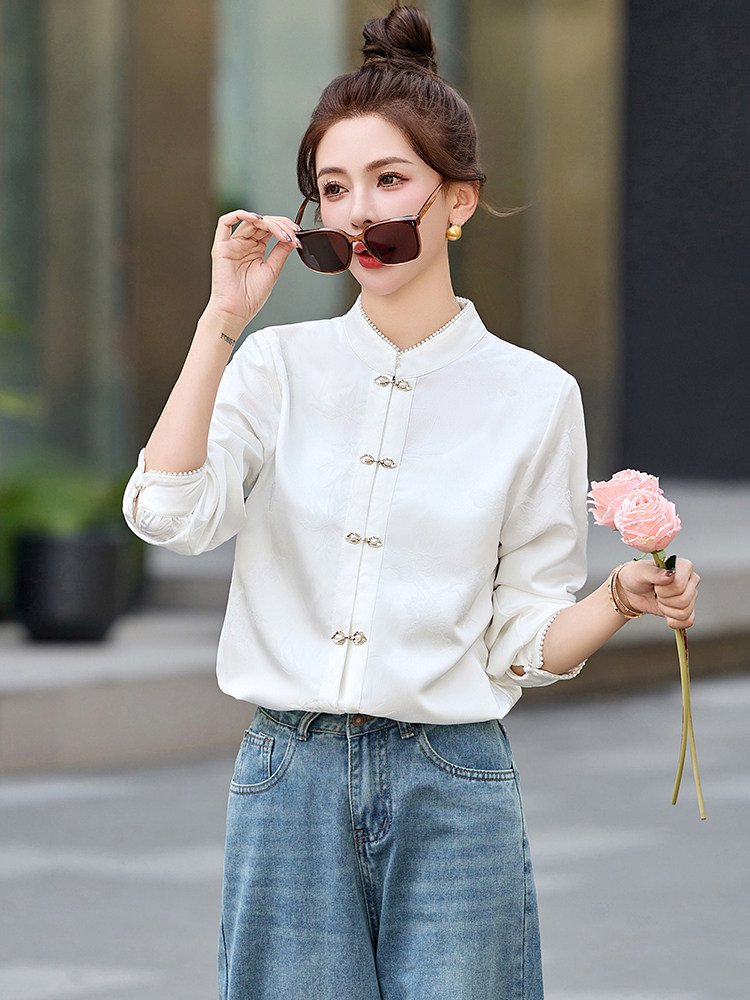 春季新款新中式气质立领钉珠单排扣长袖衬衫女,女装衬衫,秀美人生