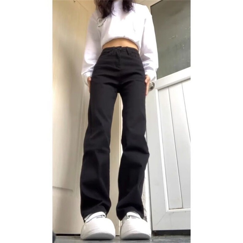 黑色窄版直筒牛仔裤女高腰修身弹力显瘦显高百搭加长烟管堆堆裤子,男装牛仔裤,星座1210-1