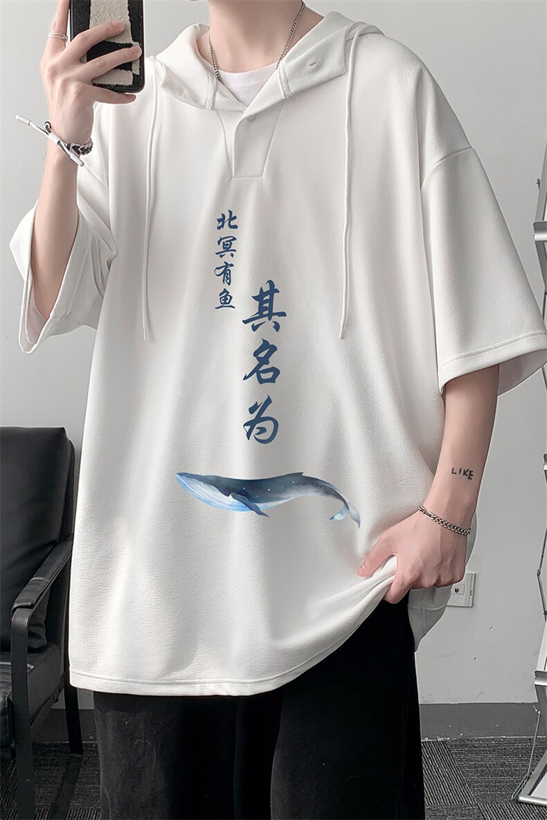 LD54261-P45连帽短袖t恤男大码胖子带帽五分袖中袖大皂风,男装T恤,电商A040