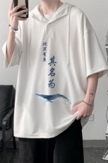 LD54261-P45连帽短袖t恤男大码胖子带帽五分袖中袖大皂风，男装T恤，电商A040
