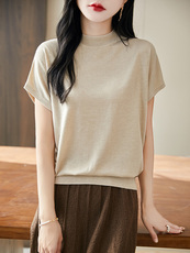 圆领新款针织短袖女无袖纯色背心简约百搭宽松套头上衣内，女装针织衫/毛衣，丹芙娇羊绒