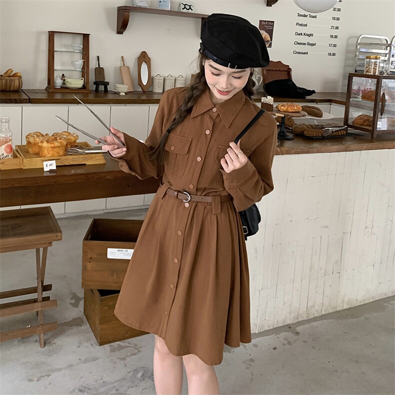 焦糖色连衣裙女春秋2025新款小个子气质工装裙爆款气质衬衫裙洋气,女装连衣裙,浙宝276（原081）