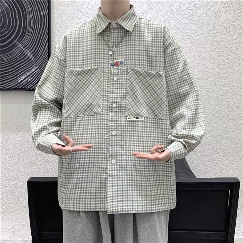 华夫格衬衫外套男春秋港风百搭工装长袖男休闲宽松短袖衬衣,男装衬衫,星座716-3