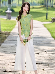 新中式套装女2026夏新款洋气不规则盘扣上衣+阔腿裤两件套图片