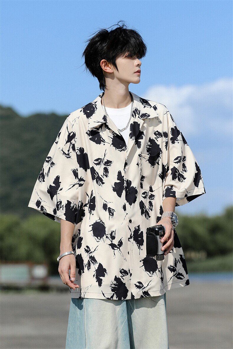 水墨花卉短袖花衬衫冰丝度假痞帅衬衣高级感夏威夷外套DC5015/P35,男装衬衫,电商B238
