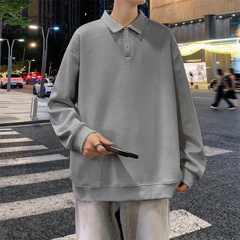 抖音得物高品质二开230克精梳珠地光版纯色宽松长袖T恤翻领POLO衫,男装T恤,电商A486