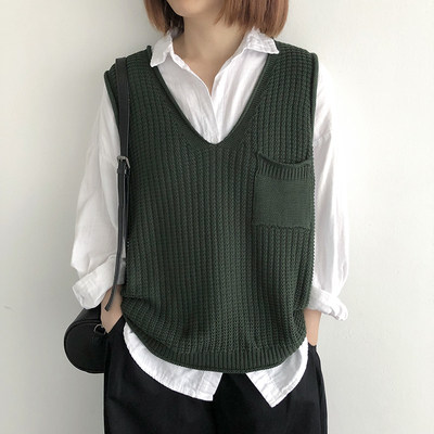 短款套头针织马甲背心冬季宽松大码女装纯色毛衣马夹V领坎肩上衣,女装马甲,洁纯羊绒