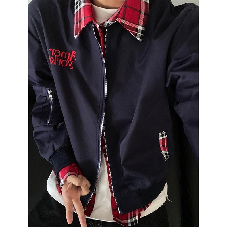 美式刺绣假两件夹克男秋高街小众撞色格子外套潮牌学院风情侣上衣，男装夹克，星座601-1