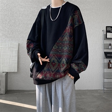 8XL-M民族风拼接卫衣大码胖子费尔岛上衣圆领复古外套WY5106/P55，男装民族服装，电商B238
