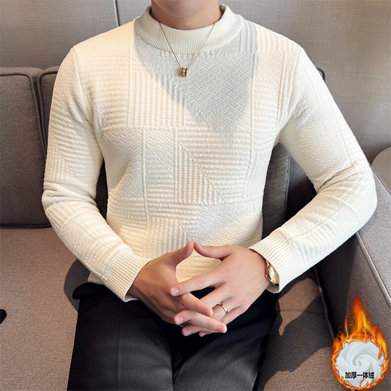一体绒加厚针织衫暗花修身半高领长袖毛衣针织打底衫男96006-p68,男装针织衫/毛衣,电商D303