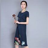 纯色通勤圆领宽松腰套头时尚连衣裙绣花长裙短袖2021年夏季A型，女装连衣裙，丽影随形
